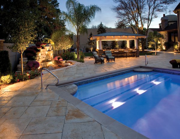 Yorkstone pool deck and patio with Unilock paver